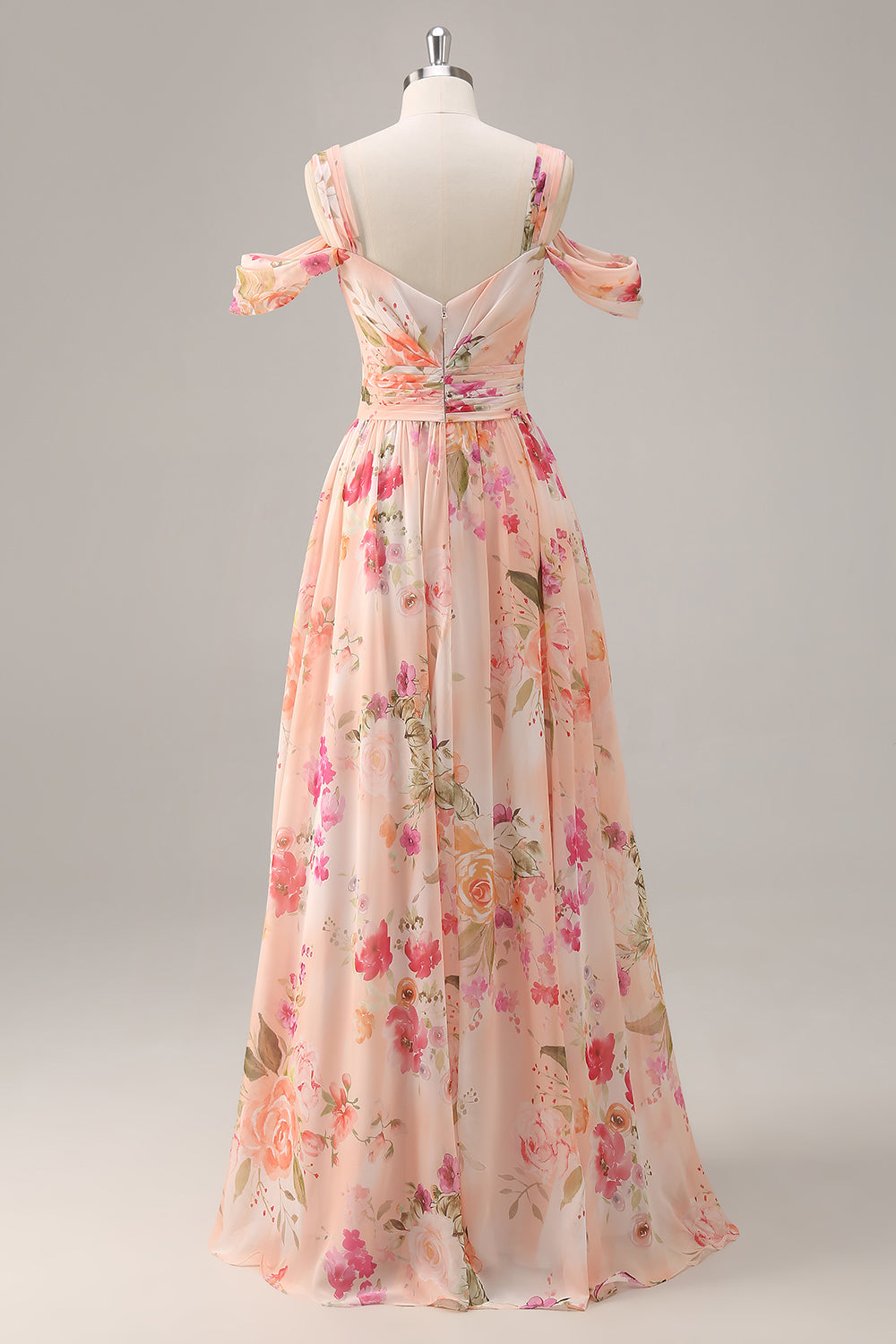 Pink Floral Ruched Long Bridesmaid Dress with Slit