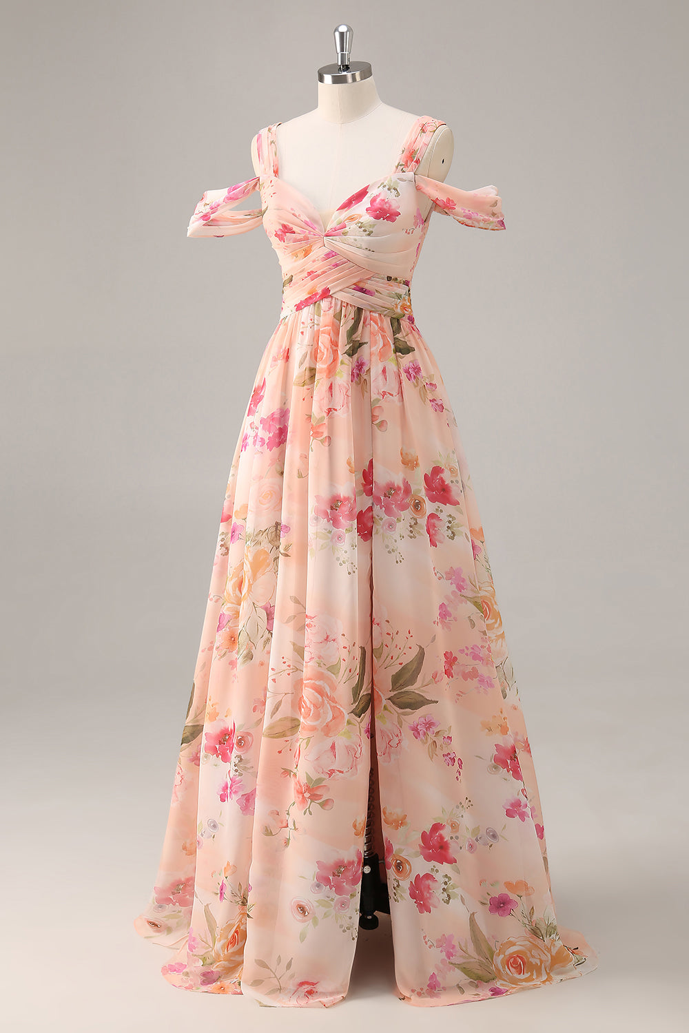 Pink Floral Ruched Long Bridesmaid Dress with Slit