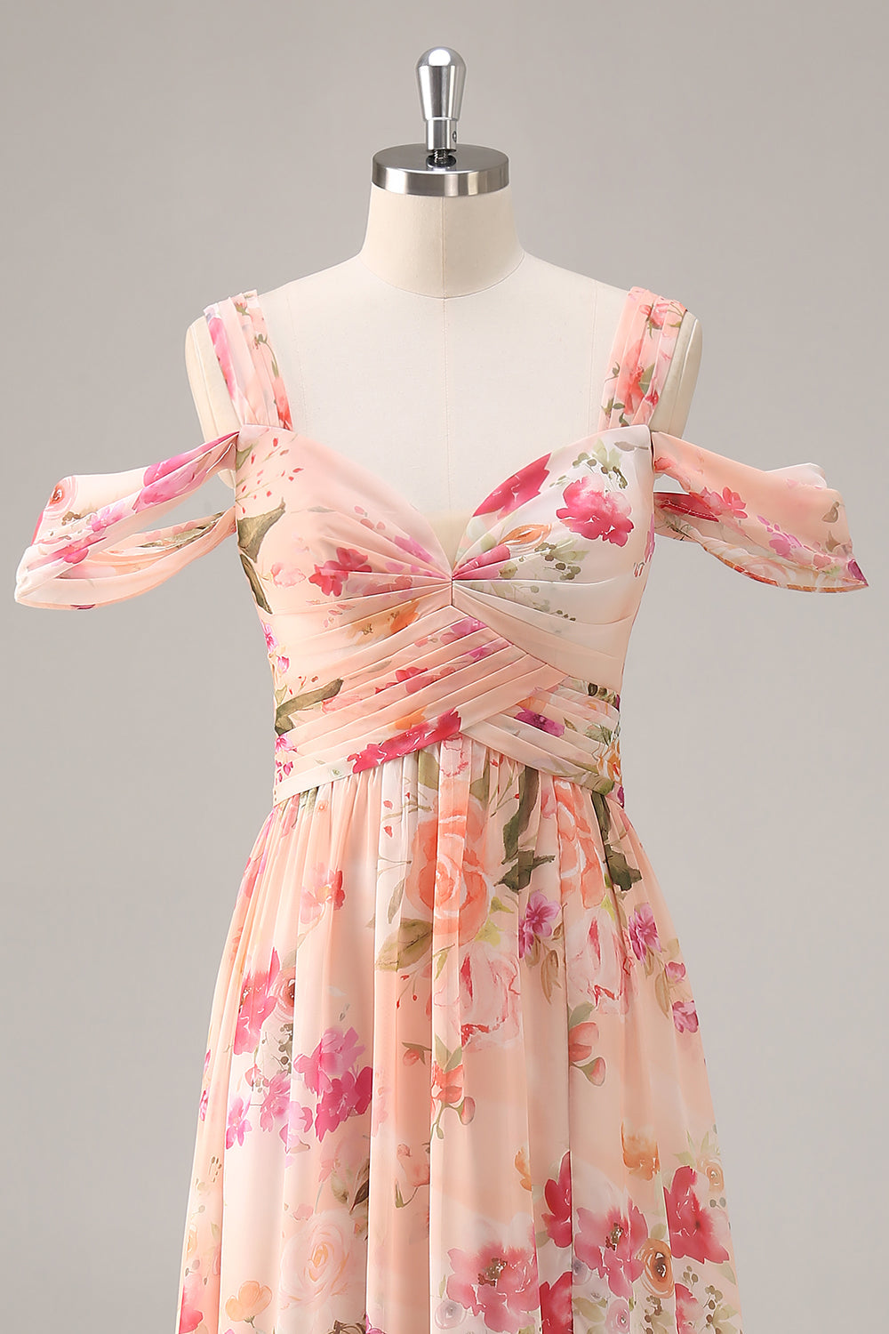 Pink Floral Ruched Long Bridesmaid Dress with Slit