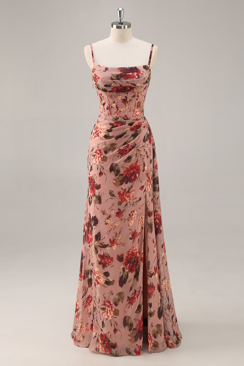 Dusty Rose  Ruched Floral Corset Long Bridesmaid Dress with Slit