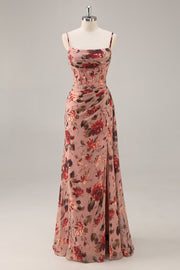 Dusty Rose  Ruched Floral Corset Long Bridesmaid Dress with Slit