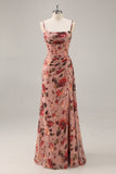 Dusty Rose  Ruched Floral Corset Long Bridesmaid Dress with Slit