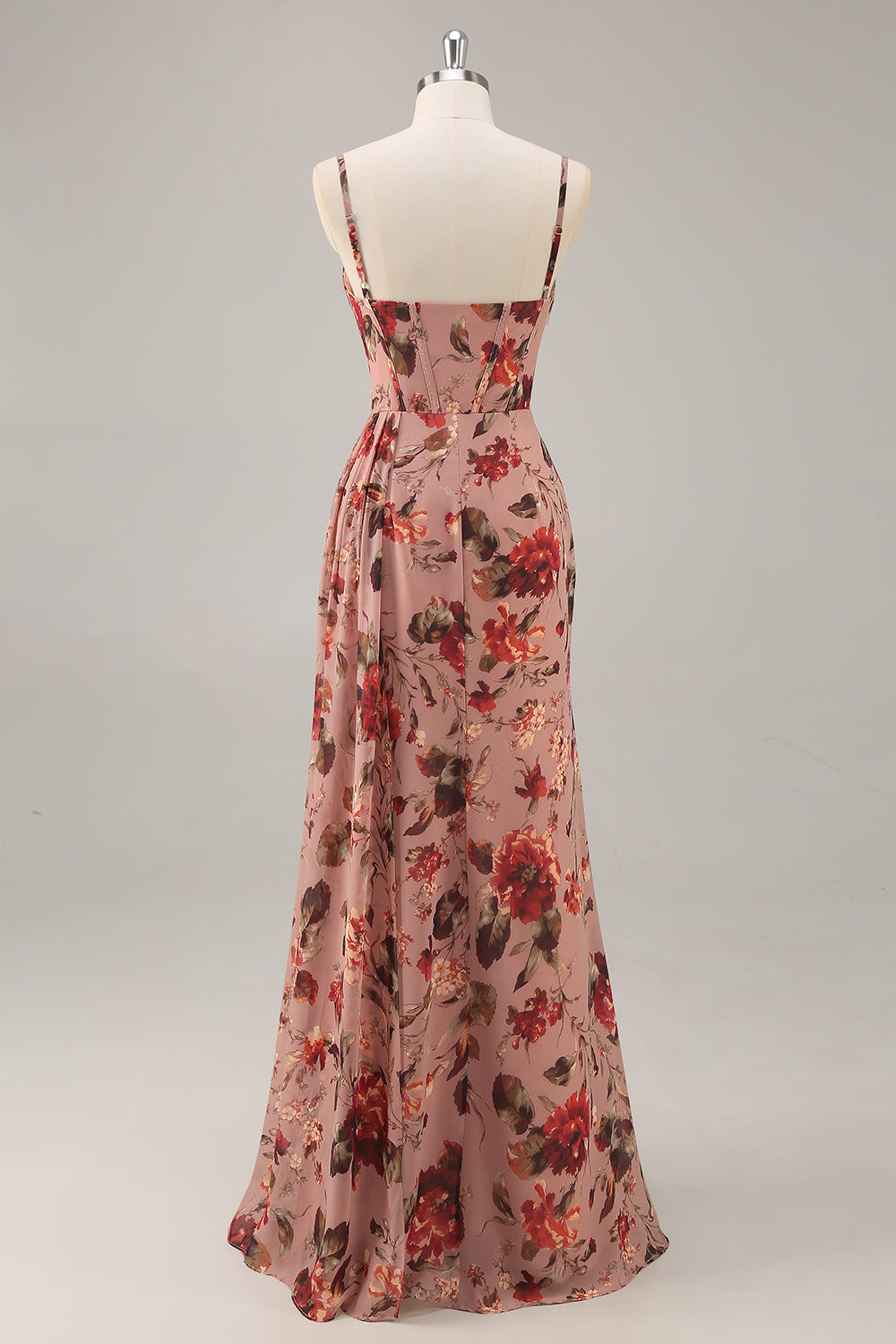 Dusty Rose  Ruched Floral Corset Long Bridesmaid Dress with Slit