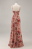 Dusty Rose  Ruched Floral Corset Long Bridesmaid Dress with Slit