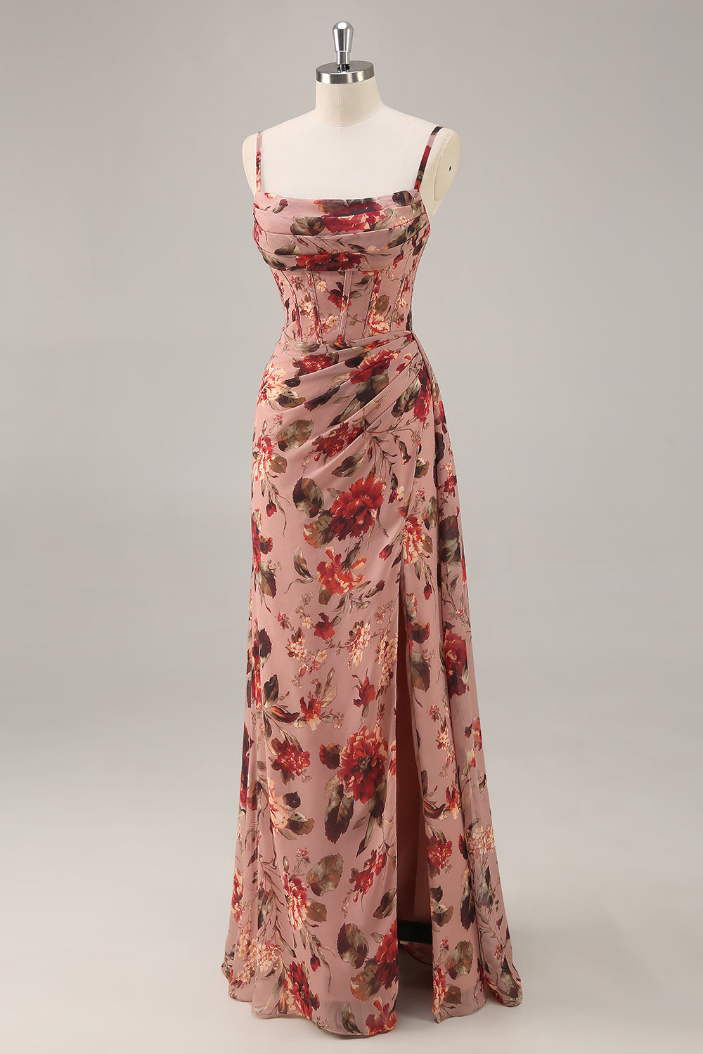 Dusty Rose  Ruched Floral Corset Long Bridesmaid Dress with Slit