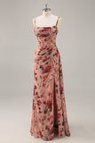 Dusty Rose  Ruched Floral Corset Long Bridesmaid Dress with Slit