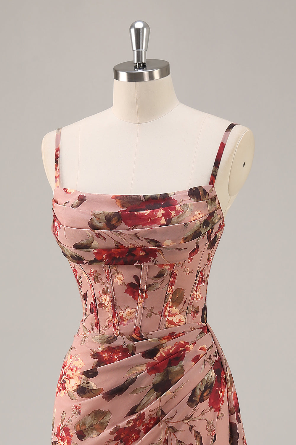 Dusty Rose  Ruched Floral Corset Long Bridesmaid Dress with Slit