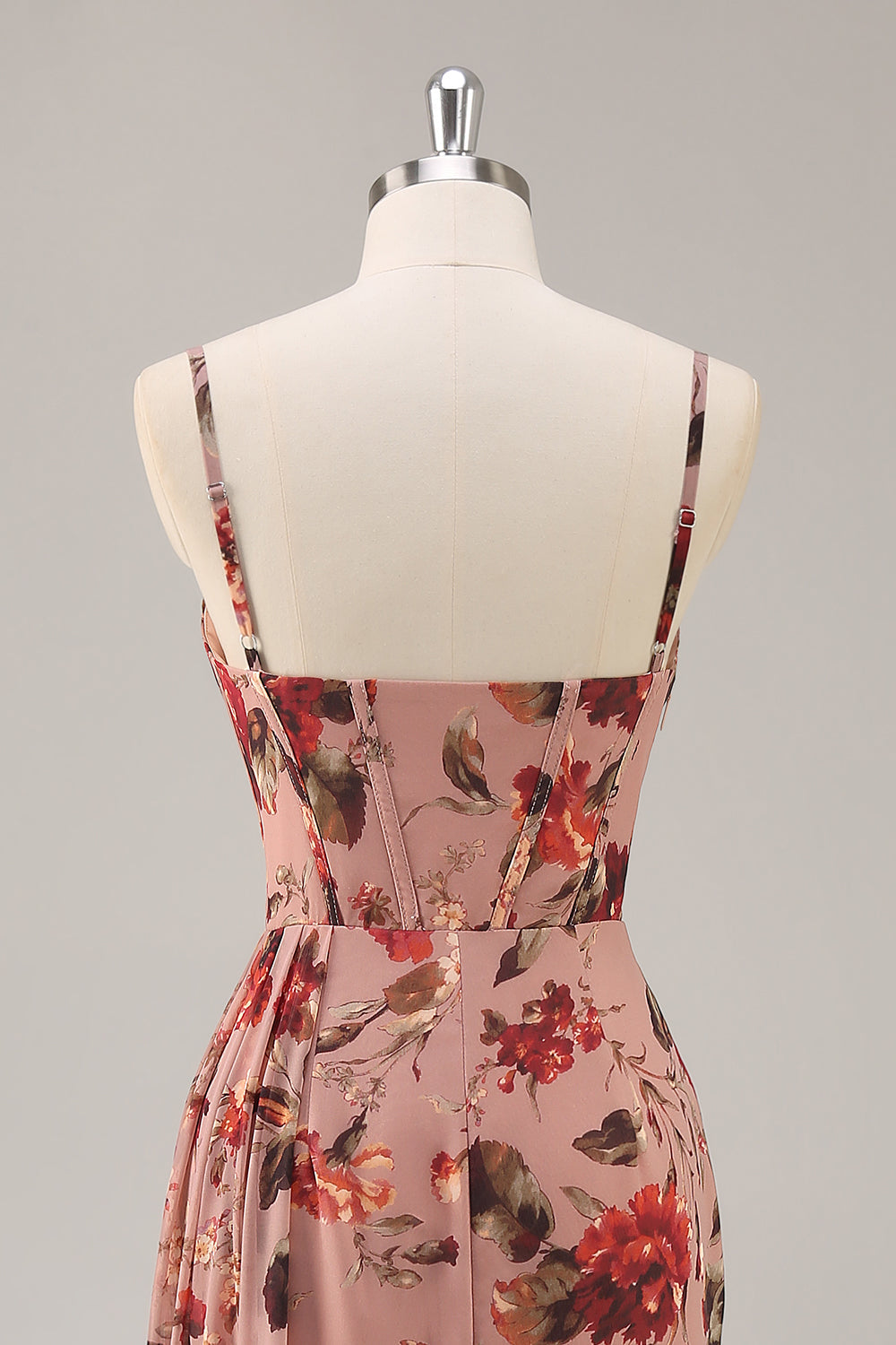 Dusty Rose  Ruched Floral Corset Long Bridesmaid Dress with Slit