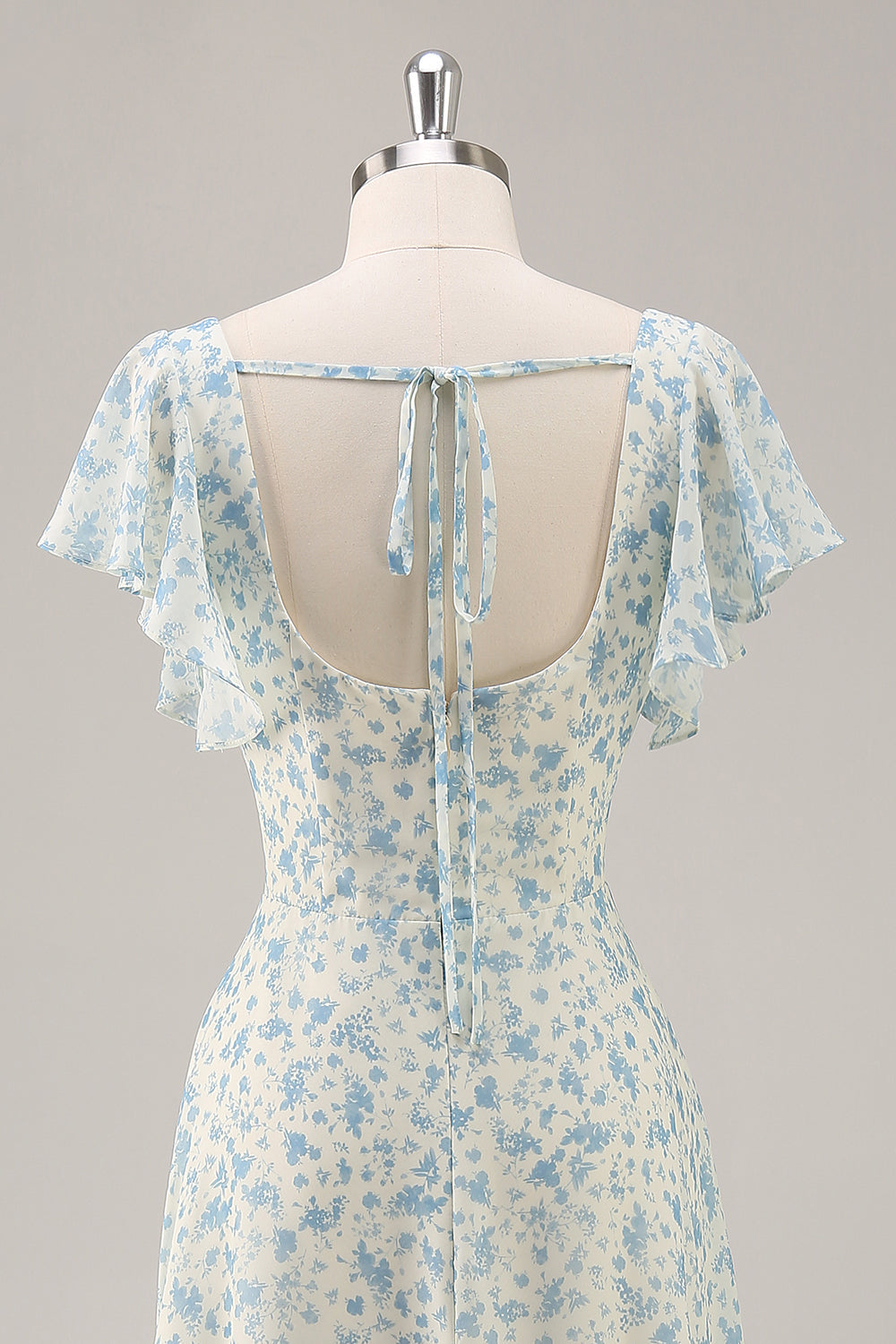 Blue Floral Chiffon Ruffled Long Bridesmaid Dress with Slit