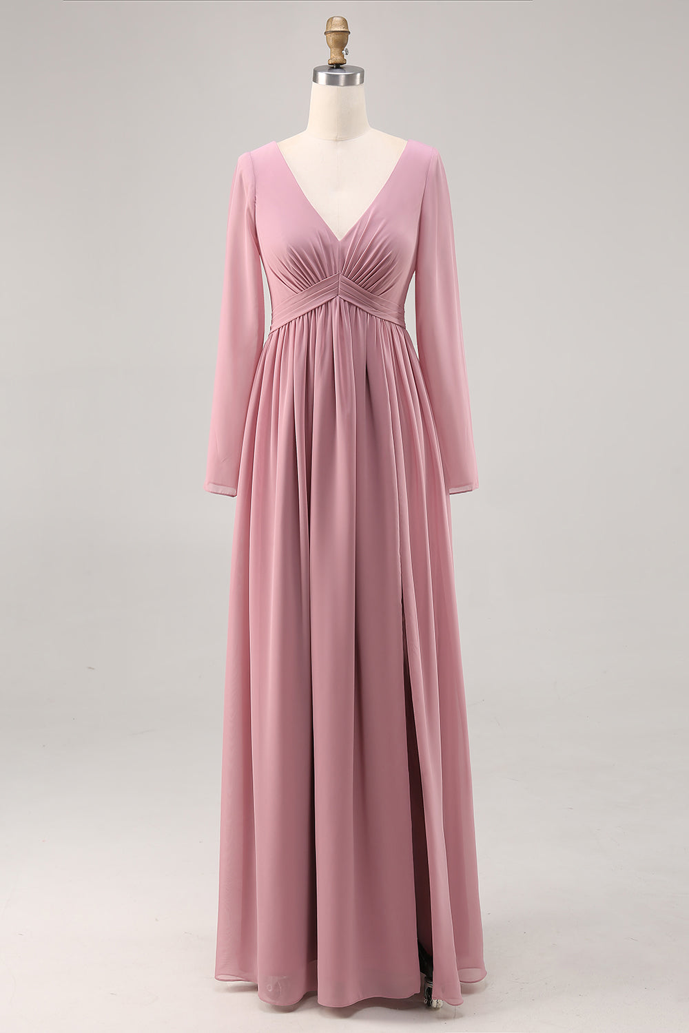 Simple Dusty Rose Long Sleeves V-Neck Bridesmaid Dress with Slit