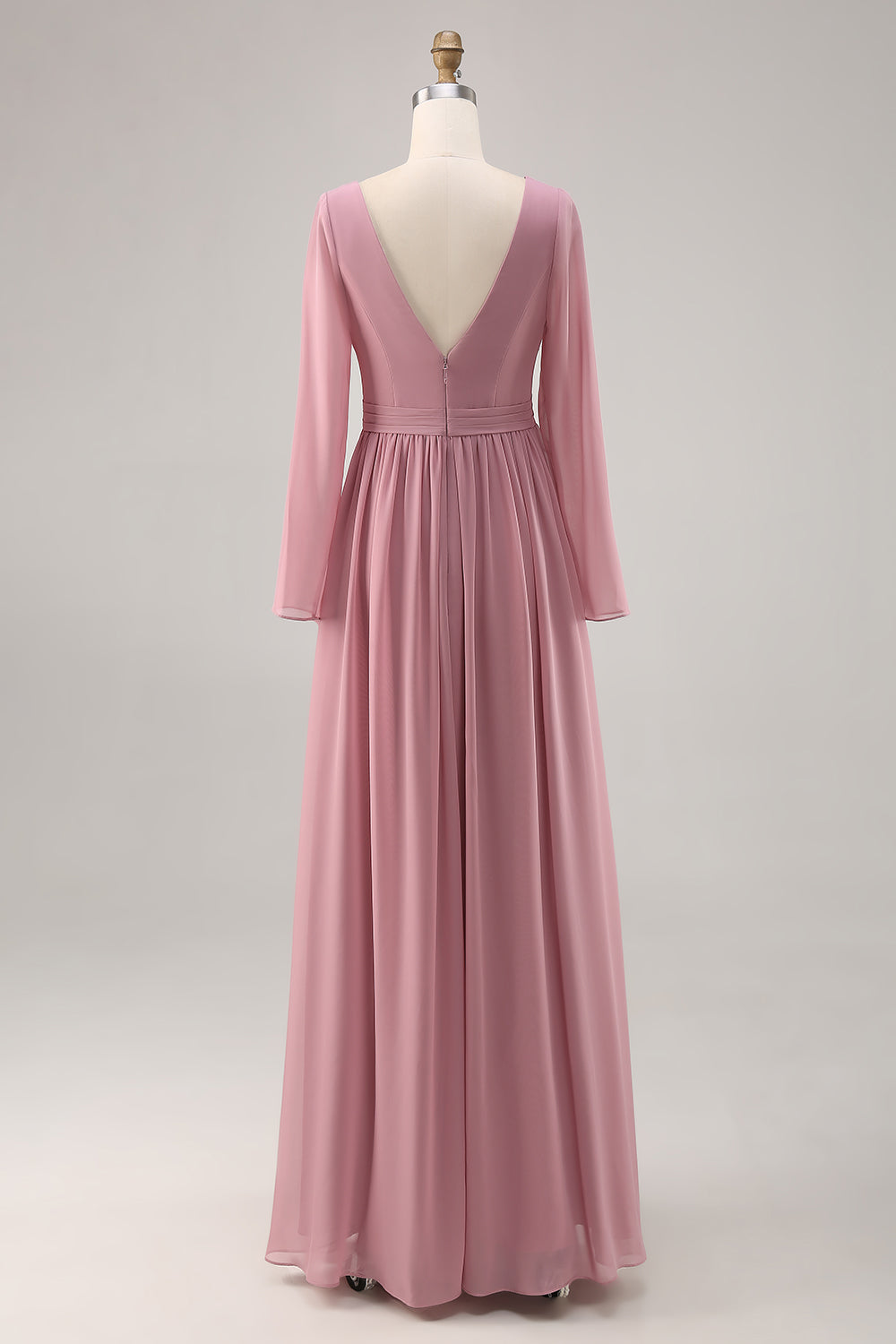 Simple Dusty Rose Long Sleeves V-Neck Bridesmaid Dress with Slit