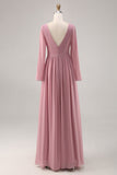 Simple Dusty Rose Long Sleeves V-Neck Bridesmaid Dress with Slit