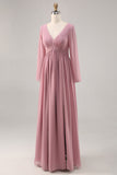 Simple Dusty Rose Long Sleeves V-Neck Bridesmaid Dress with Slit