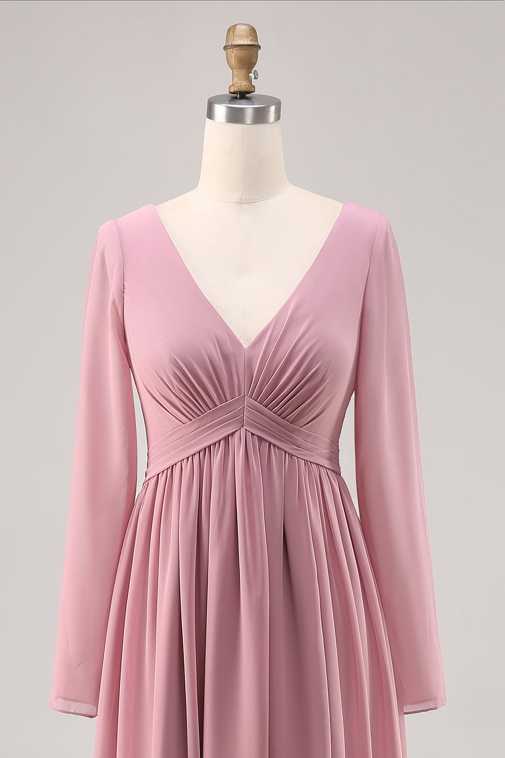 Simple Dusty Rose Long Sleeves V-Neck Bridesmaid Dress with Slit
