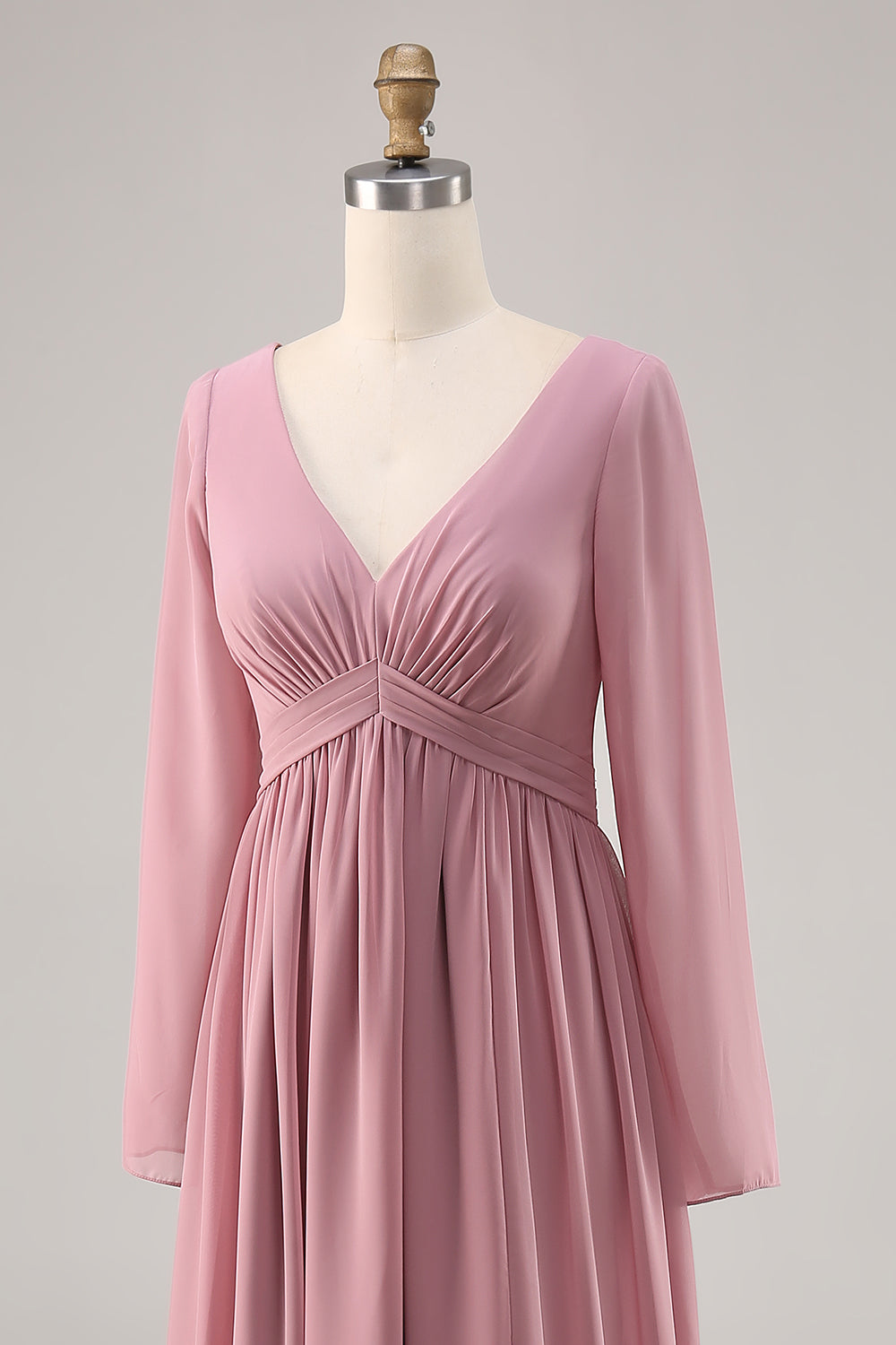 Simple Dusty Rose Long Sleeves V-Neck Bridesmaid Dress with Slit