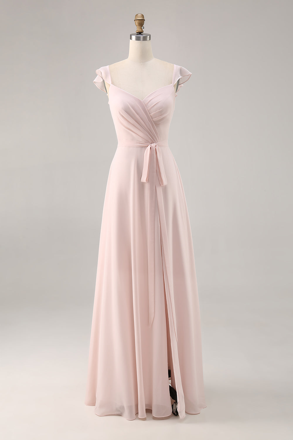 Candy Pink Cap Sleeves Ruched Long Bridesmaid Dress with Sash