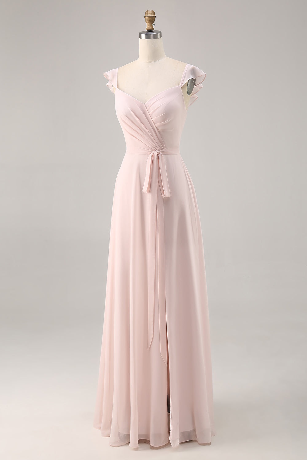Candy Pink Cap Sleeves Ruched Long Bridesmaid Dress with Sash
