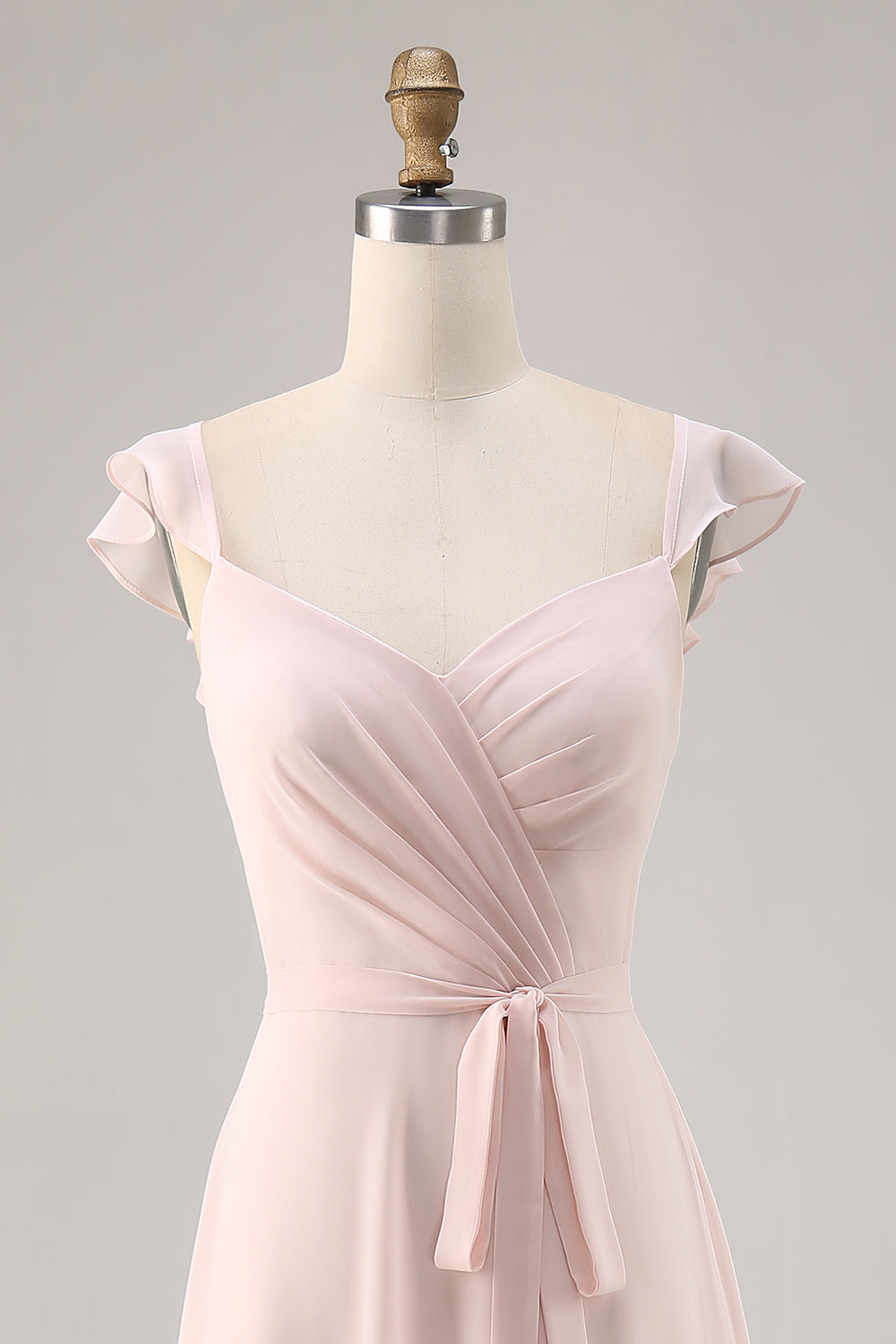 Candy Pink Cap Sleeves Ruched Long Bridesmaid Dress with Sash