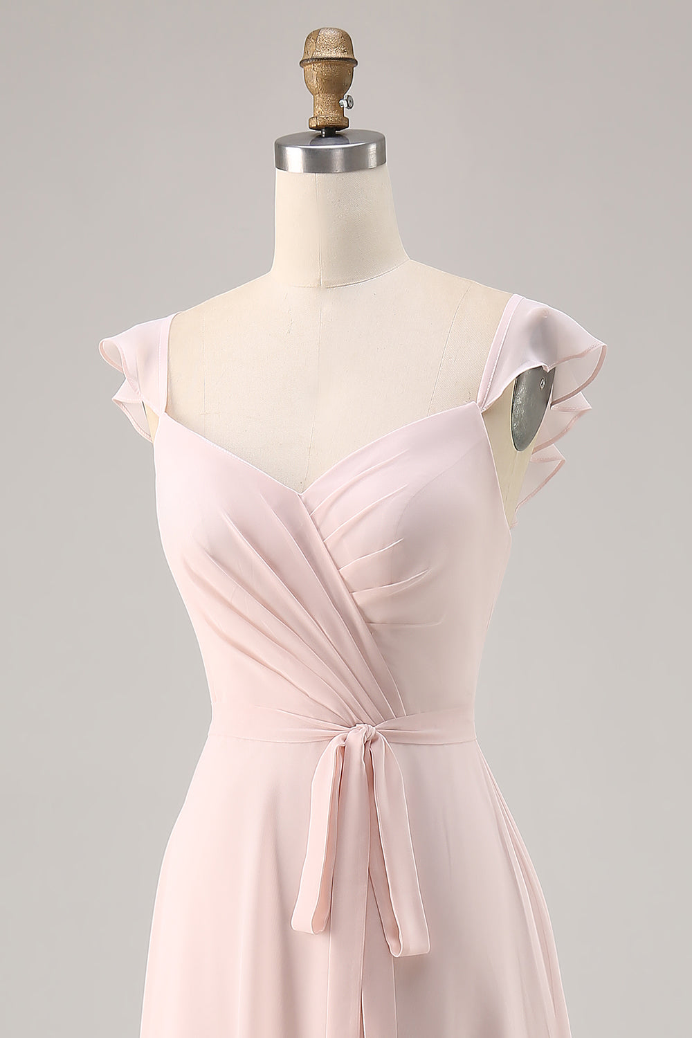 Candy Pink Cap Sleeves Ruched Long Bridesmaid Dress with Sash