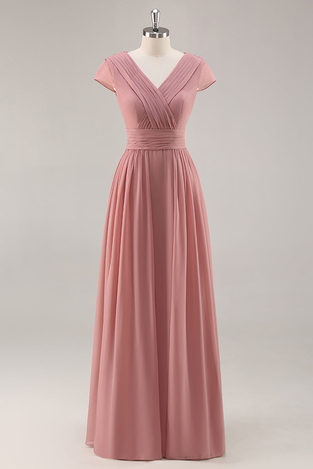 Dusty Rose V-Neck Ruched Chiffon Long Bridesmaid Dress with Drape