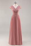 Dusty Rose V-Neck Ruched Chiffon Long Bridesmaid Dress with Drape