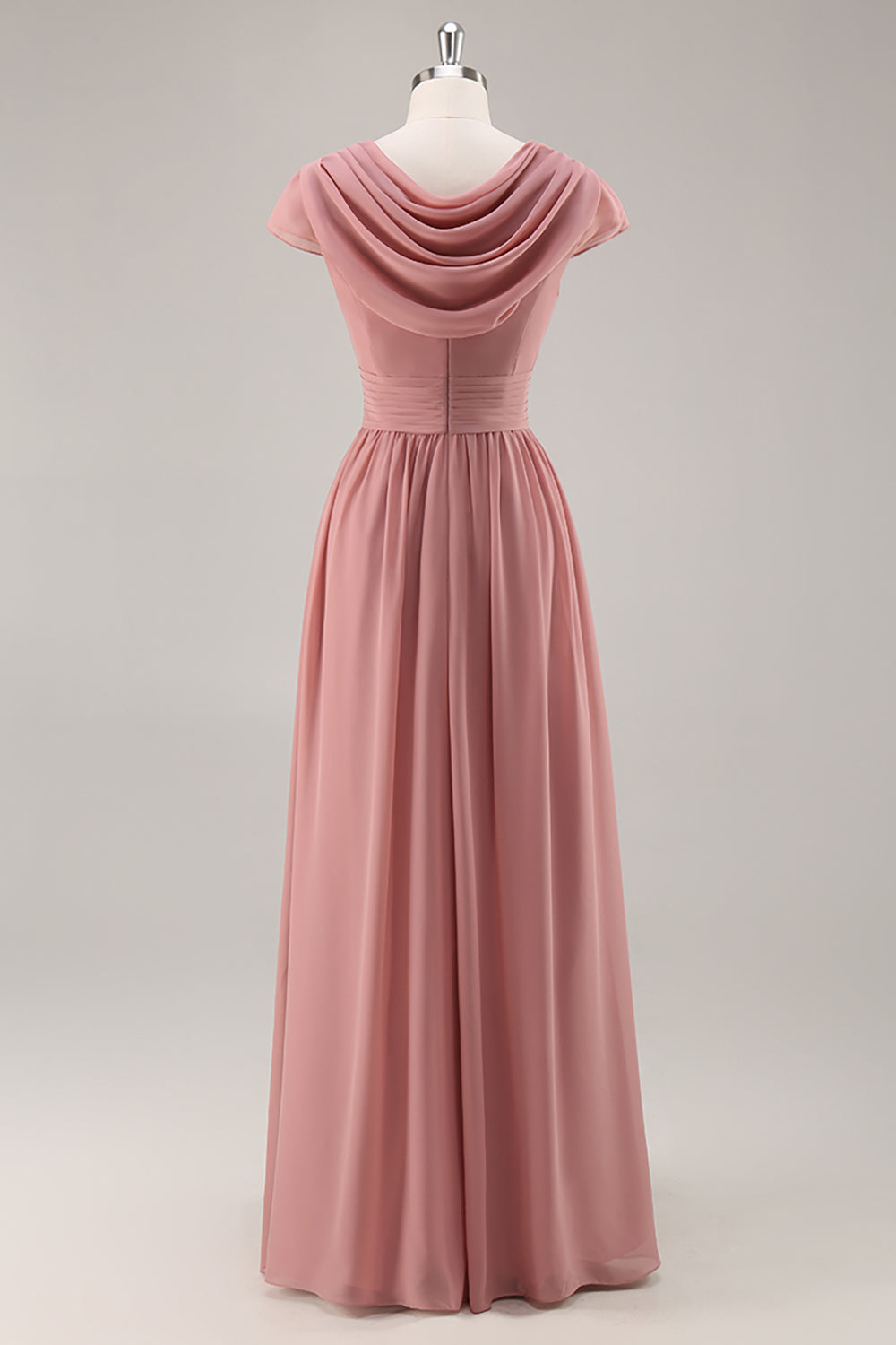 Dusty Rose V-Neck Ruched Chiffon Long Bridesmaid Dress with Drape