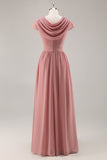 Dusty Rose V-Neck Ruched Chiffon Long Bridesmaid Dress with Drape