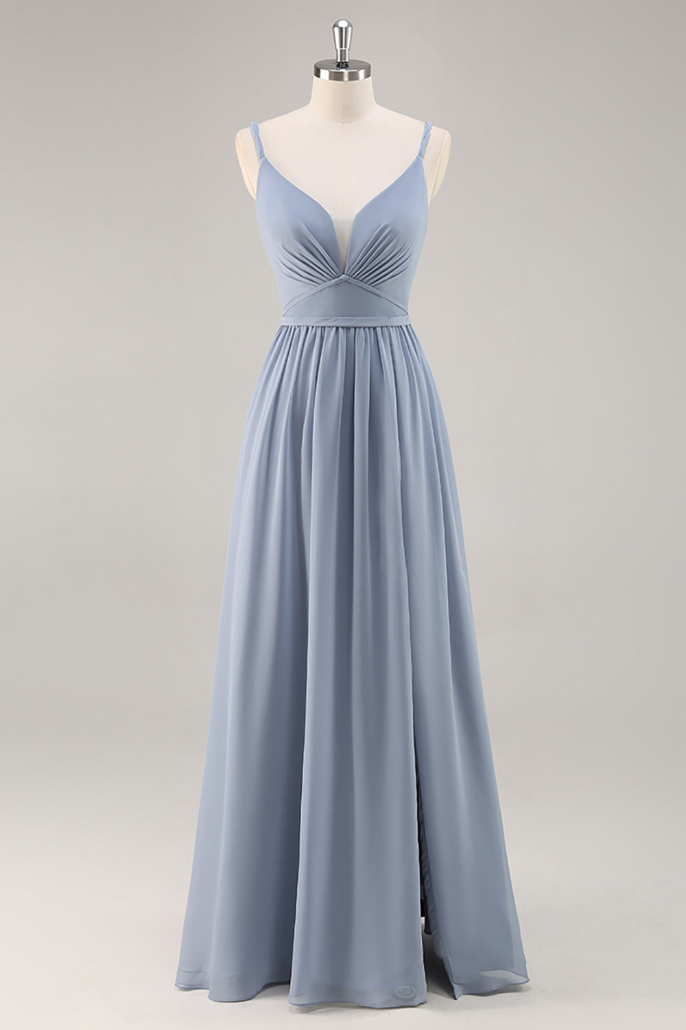 Dusty Blue Chiffon Ruched Long Bridesmaid Dress with Slit
