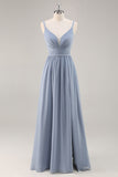 Dusty Blue Chiffon Ruched Long Bridesmaid Dress with Slit