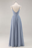 Dusty Blue Chiffon Ruched Long Bridesmaid Dress with Slit
