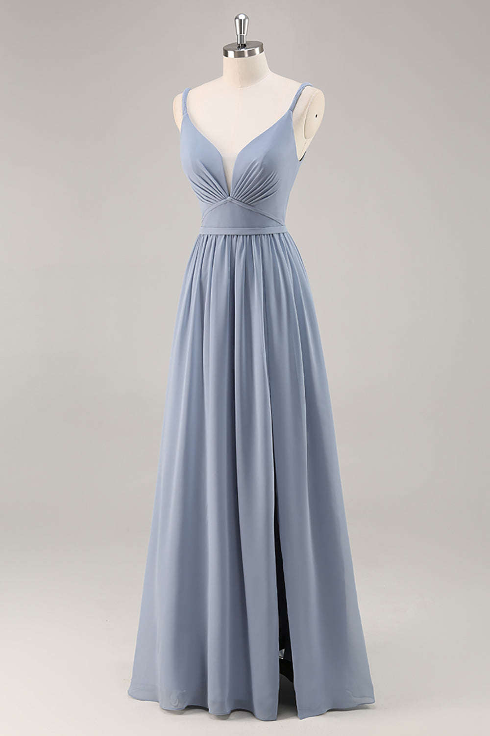 Dusty Blue Chiffon Ruched Long Bridesmaid Dress with Slit
