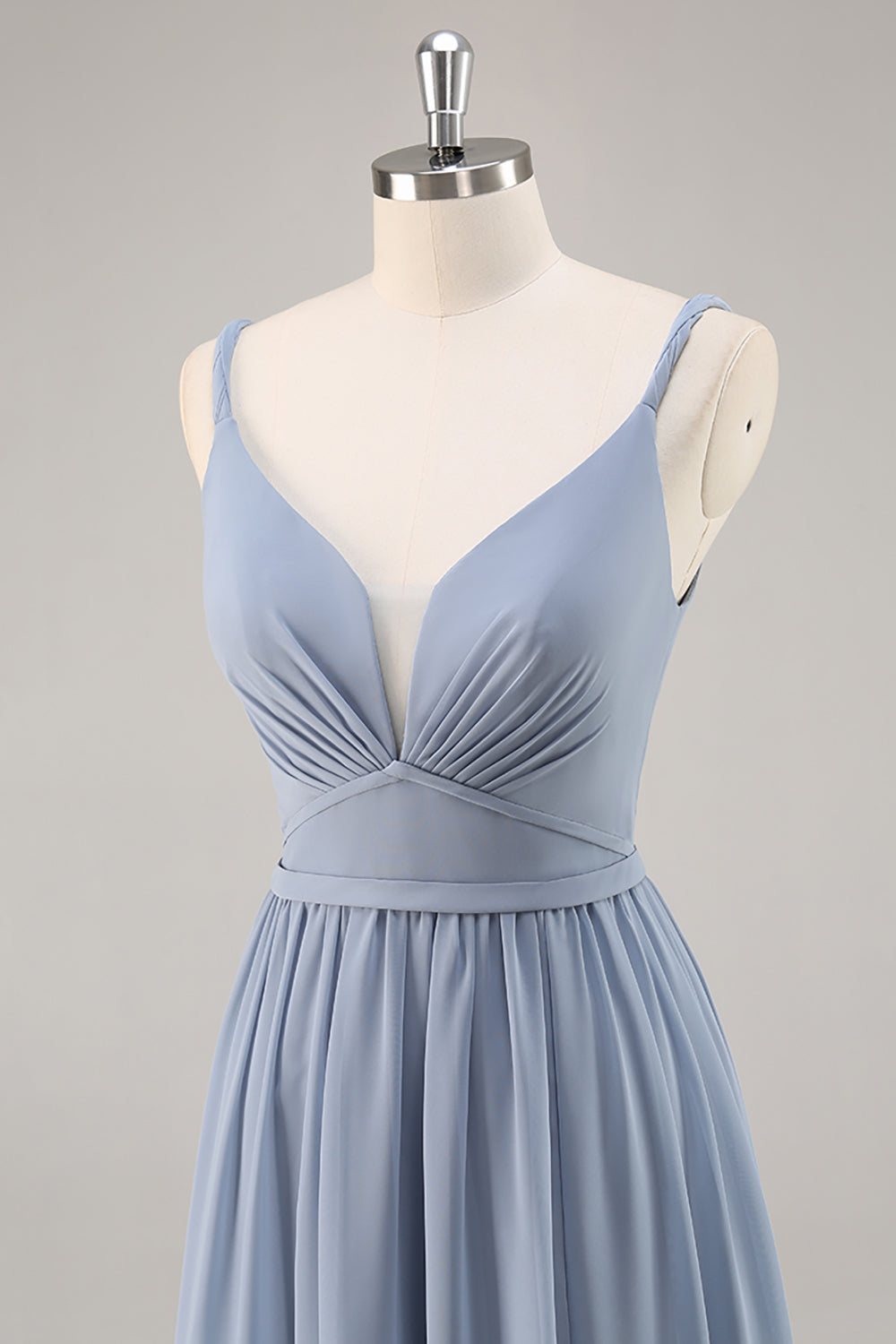 Dusty Blue Chiffon Ruched Long Bridesmaid Dress with Slit