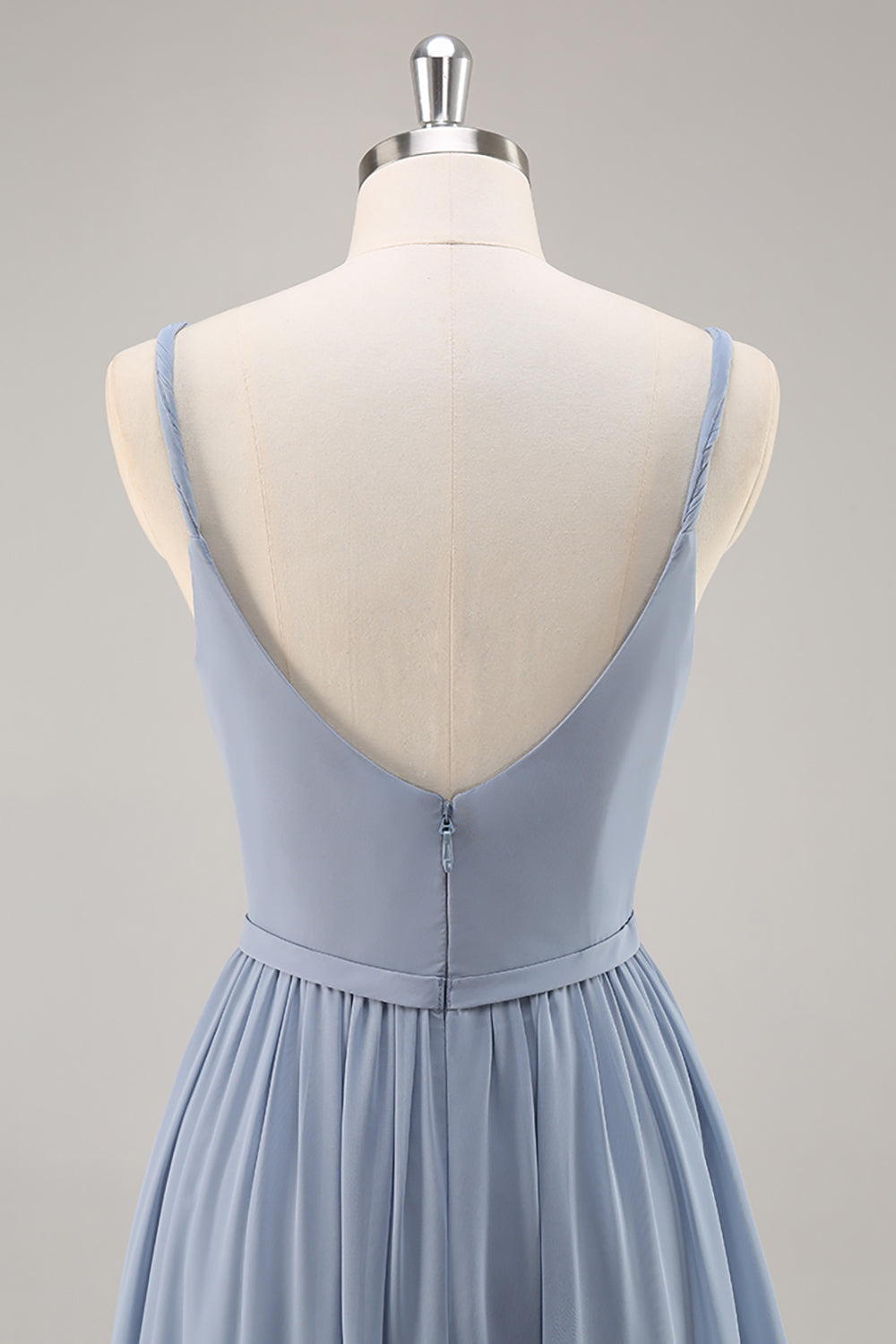 Dusty Blue Chiffon Ruched Long Bridesmaid Dress with Slit