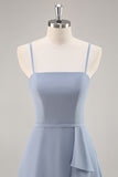 Dusty Blue Chiffon A Line Long Bridesmaid Dress with Ruffles