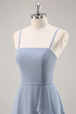 Dusty Blue Chiffon A Line Long Bridesmaid Dress with Ruffles