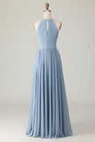 Dusty Blue Halter Chiffon Ruched Long Bridesmaid Dress with Keyholes