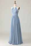 Dusty Blue Halter Chiffon Ruched Long Bridesmaid Dress with Keyholes