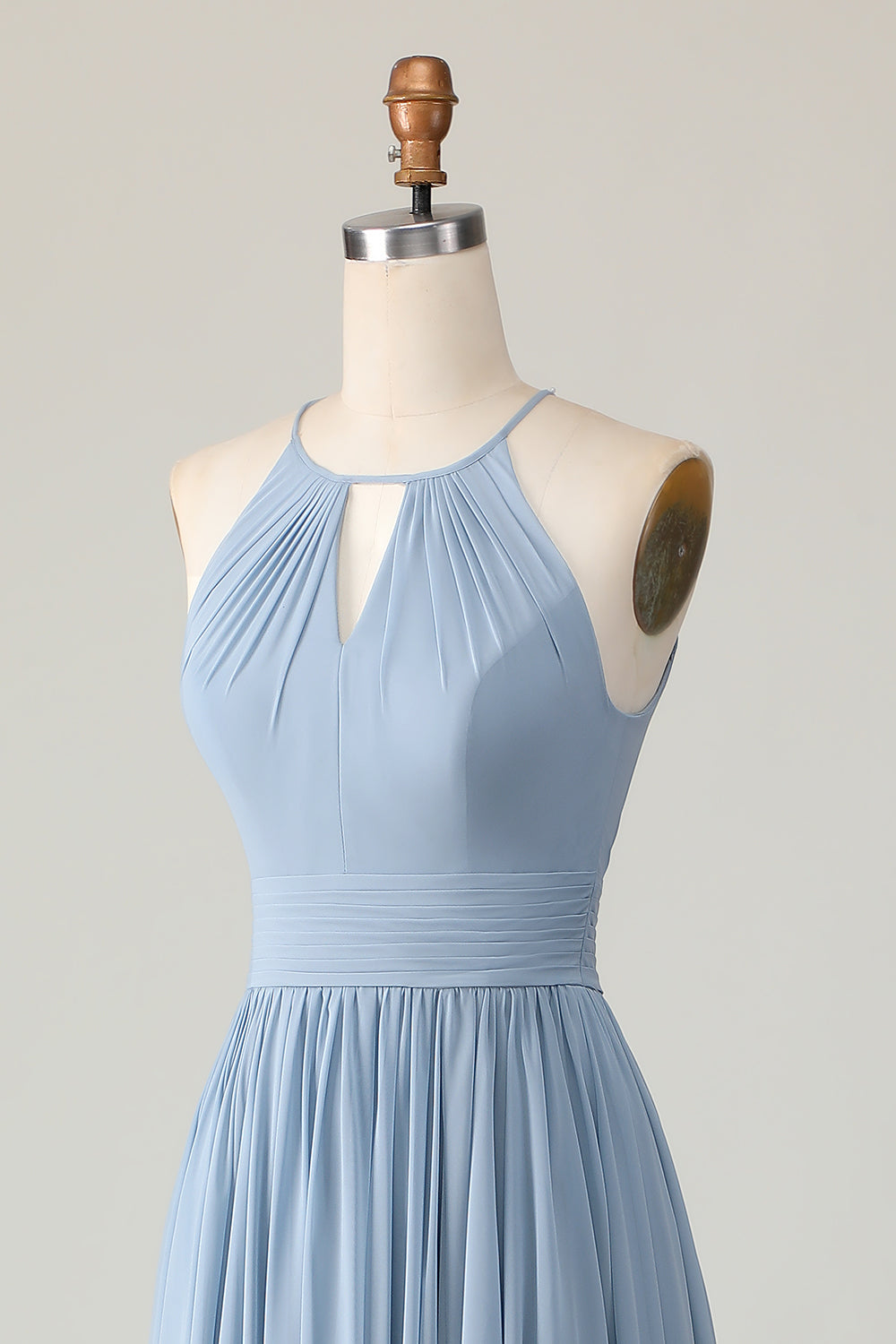 Dusty Blue Halter Chiffon Ruched Long Bridesmaid Dress with Keyholes