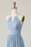Dusty Blue Halter Chiffon Ruched Long Bridesmaid Dress with Keyholes