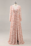 Pink Floral V-Neck Long Sleeves Chiffon Bridesmaid Dress with Slit