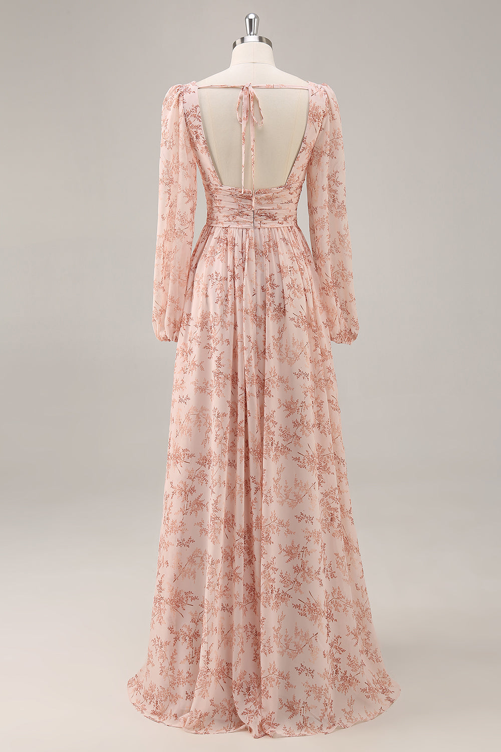 Pink Floral V-Neck Long Sleeves Chiffon Bridesmaid Dress with Slit