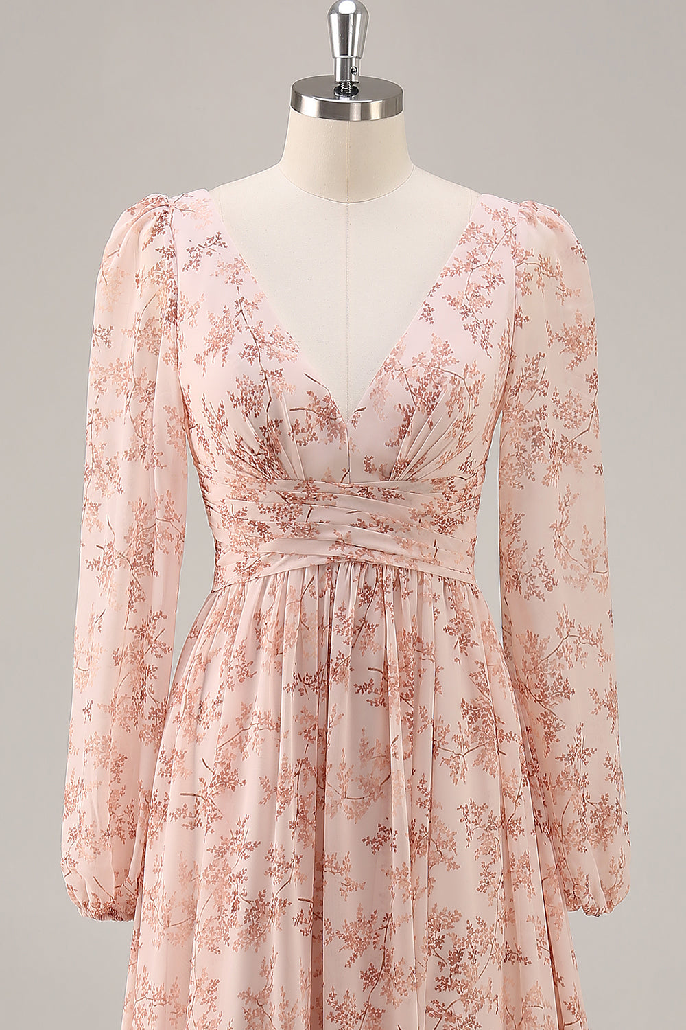 Pink Floral V-Neck Long Sleeves Chiffon Bridesmaid Dress with Slit