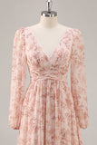 Pink Floral V-Neck Long Sleeves Chiffon Bridesmaid Dress with Slit