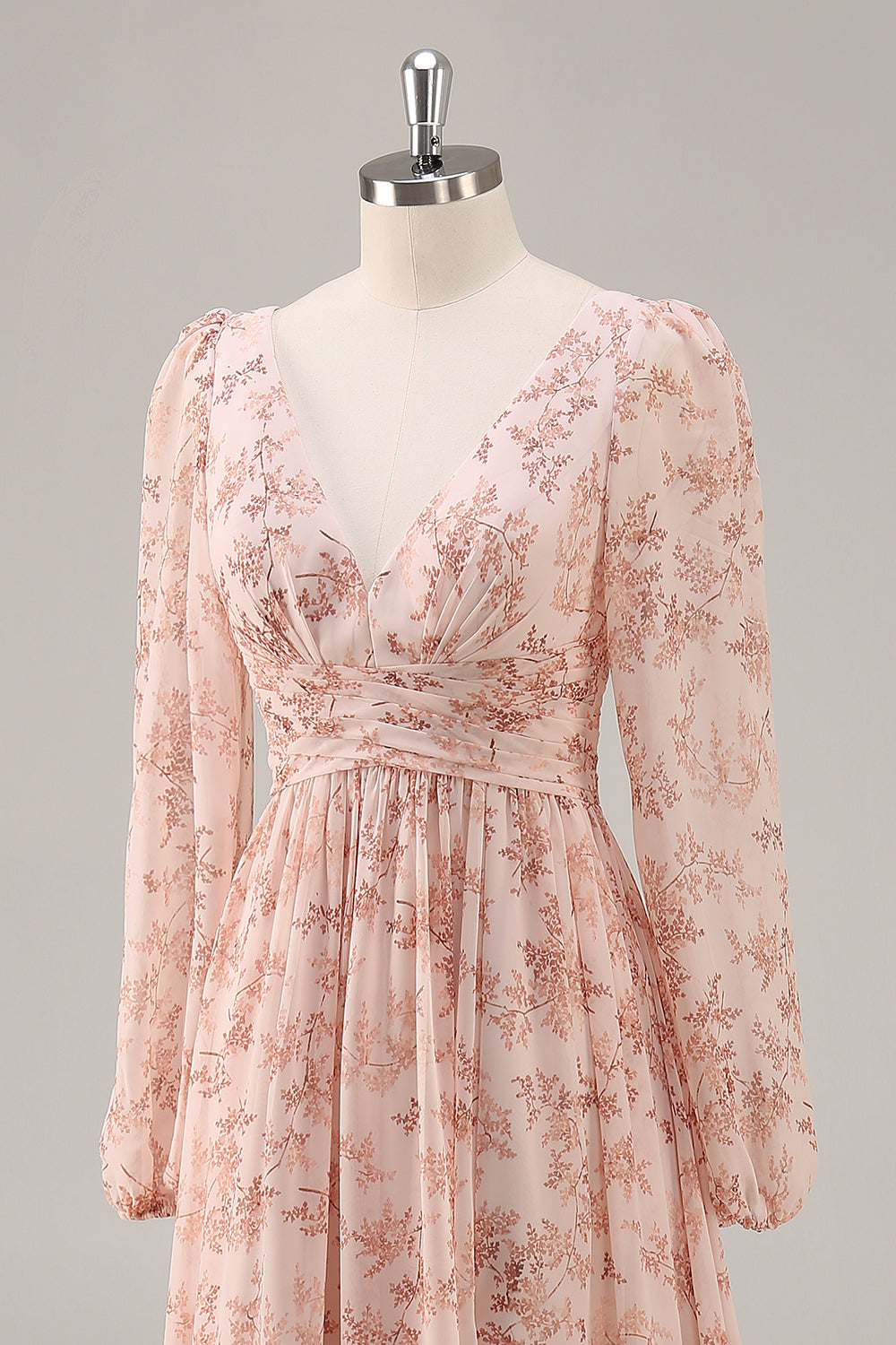 Pink Floral V-Neck Long Sleeves Chiffon Bridesmaid Dress with Slit