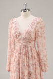 Pink Floral V-Neck Long Sleeves Chiffon Bridesmaid Dress with Slit