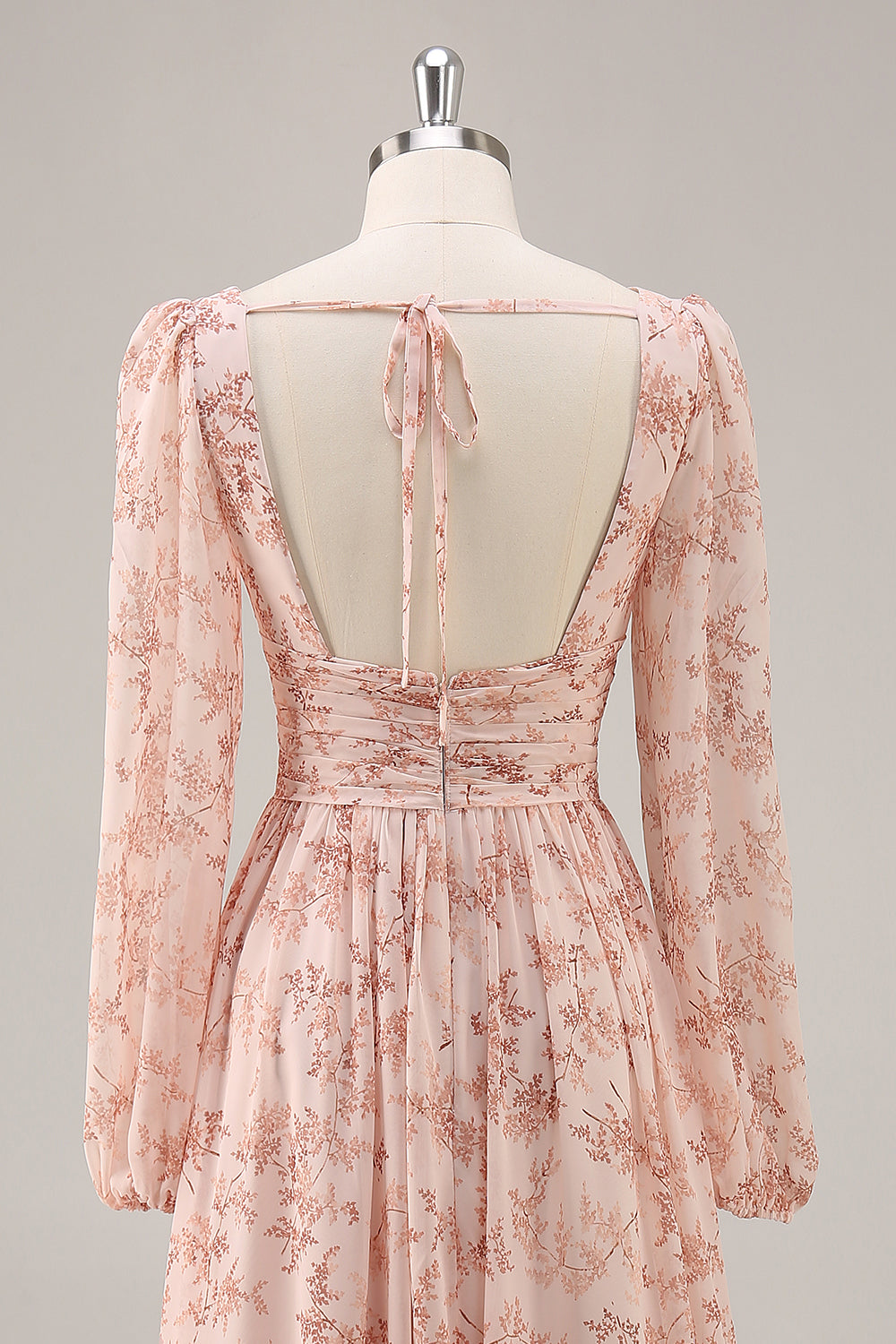 Pink Floral V-Neck Long Sleeves Chiffon Bridesmaid Dress with Slit