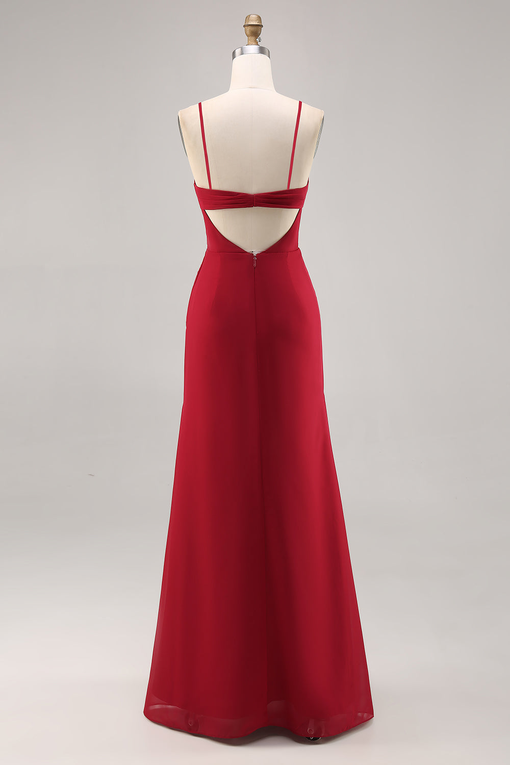 Dark Red Ruched Chiffon Spaghetti Straps Long Bridesmaid Dress with Slit