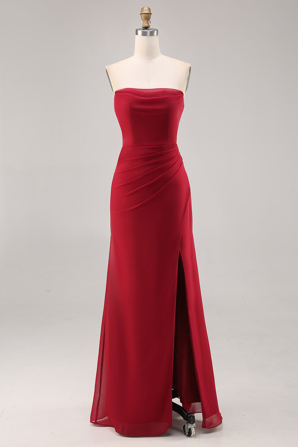Dark Red Ruched Chiffon Spaghetti Straps Long Bridesmaid Dress with Slit