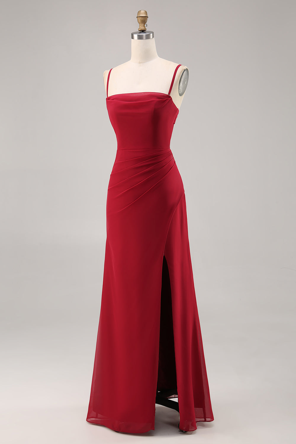 Dark Red Ruched Chiffon Spaghetti Straps Long Bridesmaid Dress with Slit