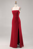 Dark Red Ruched Chiffon Spaghetti Straps Long Bridesmaid Dress with Slit